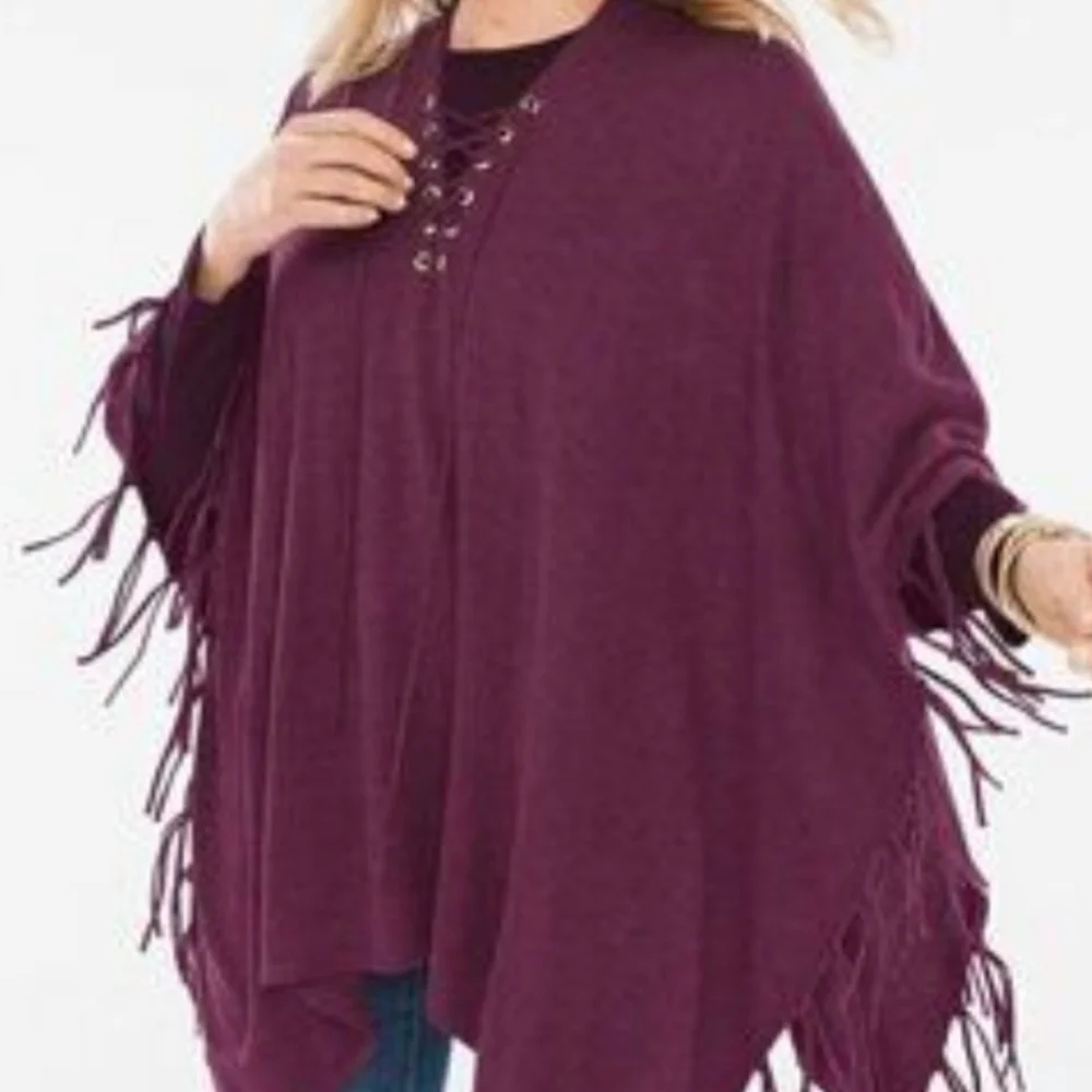 Chicos Monrovia Lace-up Fringe Poncho Shrug One Size Maroon Burgundy - Picture 2 of 14